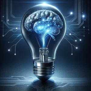  A modern, futuristic image of a lightbulb intertwined with digital elements or neural networks.