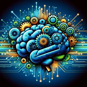  A visually engaging illustration of a brain made up of gears and circuits.