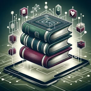 - A digital graphic showing stylized book icons floating over a digital tablet, representing a trilogy of educational books. 