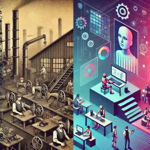  A split-screen digital illustration depicting a contrast between traditional and futuristic work environments.