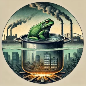 -A-digital-illustration-of-a-frog-sitting-in-a-slowly-heating-pot.-The-scene-is-overlaid-with-a-cityscape-that-transitions-from-prosperous-to-dilapidated