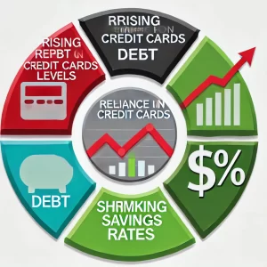 A-circular-infographic-showing-financial-strain-indicators-such-as-rising-debt-levels-increasing-reliance-on-credit-cards-and-shrinking-savings-rate.