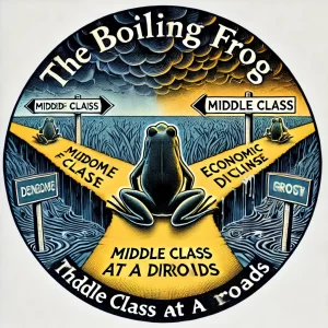 A-circular-illustration-representing-The-Boiling-Frog-Middle-Class-at-a-Crossroads.