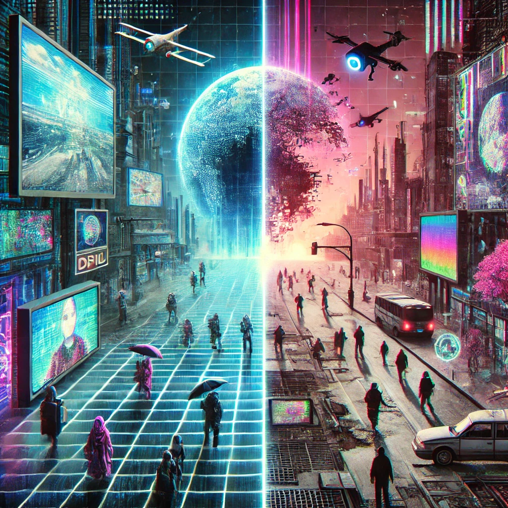 A-digital-grid-where-one-side-shows-a-vibrant-connected-world-with-holographic-advertisements-drones-and-people-in-futuristic-attire-while-the-other side shows a broken grid with fading holograms and people struggling to get by.