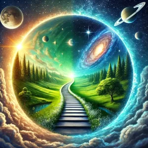 A-circular-image-featuring-a-pathway-leading-through-a-cosmic-landscape-bridging-between-two-realms.