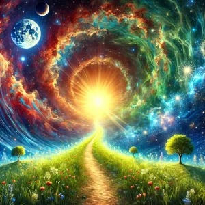 A-path-leading-from-the-foreground-into-a-luminous-cosmic-horizon-blending-scenes-of-earthly-nature-with-celestial-elements.