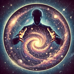 A person shaping a galaxy with their hands, surrounded by celestial energy.