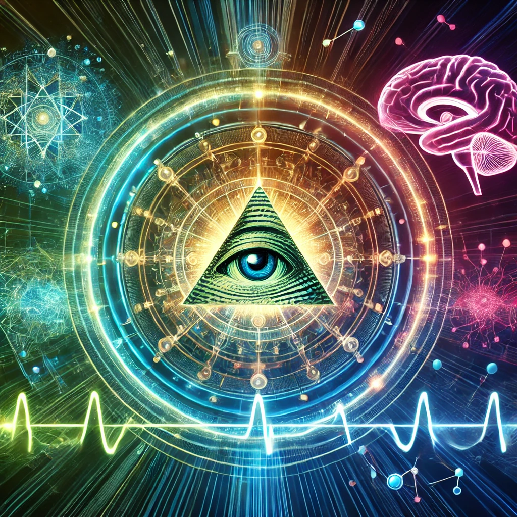 Circular featured image combining ancient symbols like a pyramid and modern elements like neurons and brainwaves, interconnected by a neon timeline, representing the history and evolution of the Law of Attraction