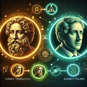  A collage-style image with circular portraits of Hermes Trismegistus and Earnest Holmes, with glowing lines connecting them, symbolizing the transmission of knowledge over time.