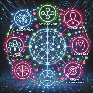 Circular neon web featuring interconnected icons for personal development, therapy, leadership, and sports performance, representing the modern applications of the Law of Attraction