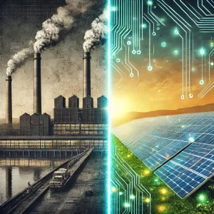 A-split-image-illustrating-the-transition-from-a-coal-plant-to-a-solar-farm.