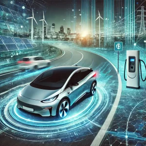 A-sleek-modern-electric-vehicle-driving-along-a-futuristic-highway-surrounded-by-holographic-data-points-and-charging-stations.