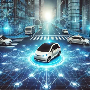 A-self-driving-car-navigating-through-a-smart-city-with-virtual-paths-and-sensors-visible-highlighting-the-cars-autonomous-capabilities.