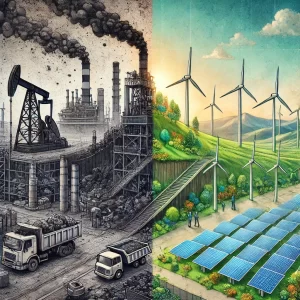 A-split-image-showing-the-impact-of-clean-disruption-on-traditional-jobs-in-energy-and-transportation.