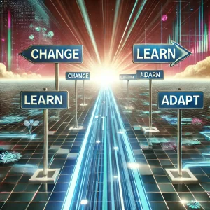 A-futuristic-pathway-leading-towards-a-bright-future-on-the-horizon-with-signs-labeled-Change-Learn-and-Adapt-along-the-way.