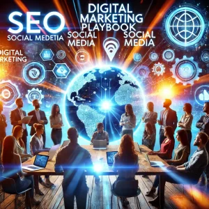 A-group-of-diverse-individuals-gathered-around-a-glowing-digital-marketing-playbook-with-holographic-screens-displaying-key-elements-of-digital-marketing.