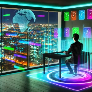 A-digital-entrepreneur-working-at-a-floating-holographic-desk-in-a-sleek-high-tech-apartment.