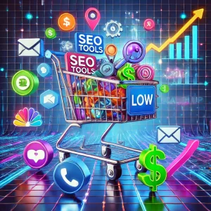 A-virtual-shopping-cart-floating-in-a-digital-grid-environment-filled-with-various-digital-marketing-tools-such-as-SEO-tools-social-media-platforms.