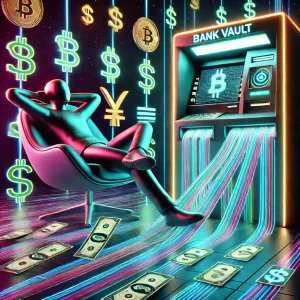 -A-futuristic-cyberpunk-style-ATM-or-bank-vault-with-streams-of-digital-currency-flowing-out-including-cryptocurrency-symbols-and-digital-dollar-signs.