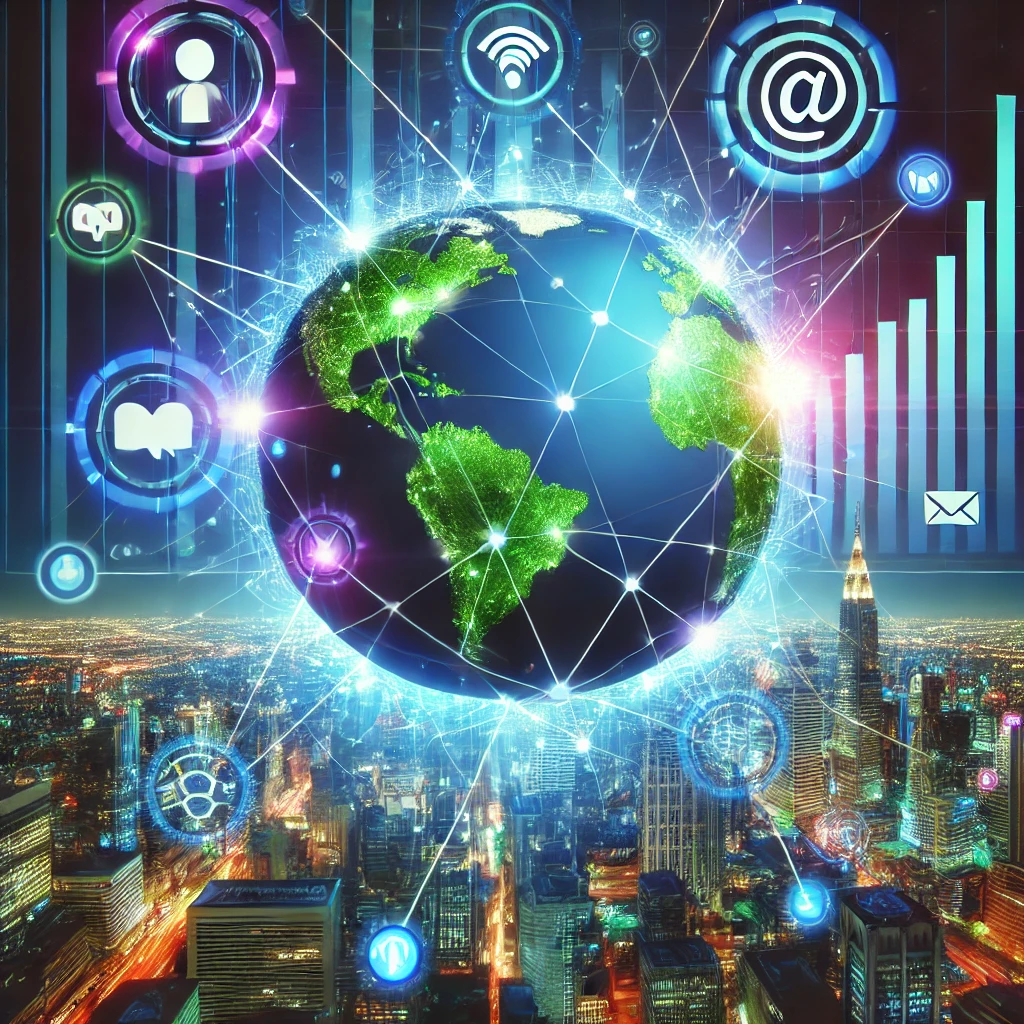 A-digital-globe-or-world-map-showing-interconnected-digital-marketing-strategies-such-as-social-media-email-and-content-creation-growing-out-of-traditional -methods.