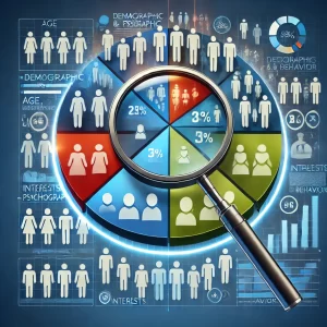 Magnifying glass over segmented audience groups, highlighting demographics and behaviors for targeted digital marketing.