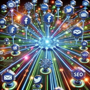 Interconnected digital marketing channels including social media, email, and SEO flowing into a central marketing hub.