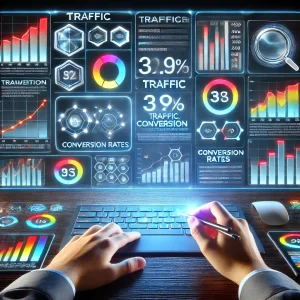 Digital marketing performance dashboard showing key metrics like traffic and conversions, with a marketer optimizing based on real-time data.