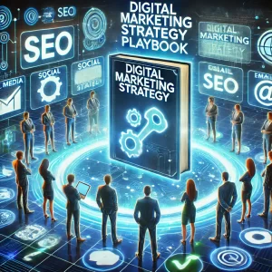 A-motivational-image-showing-a-group-of-digital-entrepreneurs-gathered-around-a-glowing-digital-marketing-strategy-playbook.