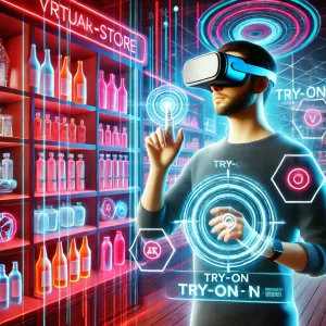 A-user-wearing-a-VR-headset-in-a-futuristic-virtual-store-interacting-with-products-on-holographic-displays-while-engaging-with-an-AR.