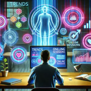 A-person-at-a-futuristic-desk-surrounded-by-holographic-screens-showing-trends-training-sessions-and-online-workshops.