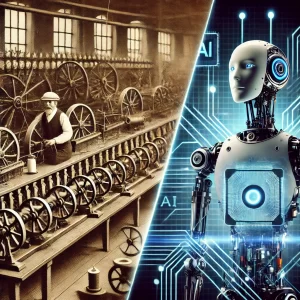 A-split-screen-image-that-contrasts-early-mechanized-looms-from-the-Industrial-Revolution-like-the-Spinning-Jenny-on-one-side-and-modern-AI-powered- business-on-the-other.