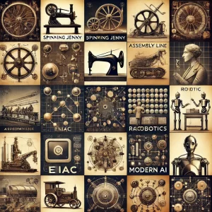 A-collage-style-image-that-visually-represents-major-technological-milestones-in-automation.-Include-icons-or-small-images-representing-key-breakthroughs.