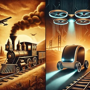 An-image-depicting-the-transition-from-steam-powered-transportation-to-modern-autonomous-vehicles.