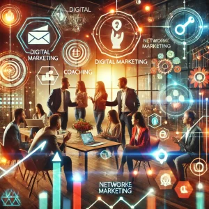 An-image-of-a-group-of-diverse-people-collaborating-in-a-modern-workspace-surrounded-by-icons-representing-digital-marketing-coaching-and-network-marketers.