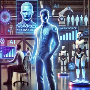 A-futuristic-office-or-factory-setting-featuring-an-attractive-male-figure-half-human-half-robot-standing-next-to-robotic-assistants.