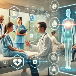 A-modern-healthcare-setting-featuring-doctors-nurses-and-social-workers-using-advanced-AI-tools-and-technology-to-assist-in-patient-care.