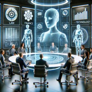  A boardroom scene where holographic AI figures are “discussing” policy with human leaders. AI figures represent different sectors (law, finance, tech) contributing to a regulatory framework. 