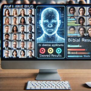 An AI interface on a computer screen showing biased results in a hiring process—one side shows a diverse group of applicants, while the AI algorithm displays skewed results favoring one group