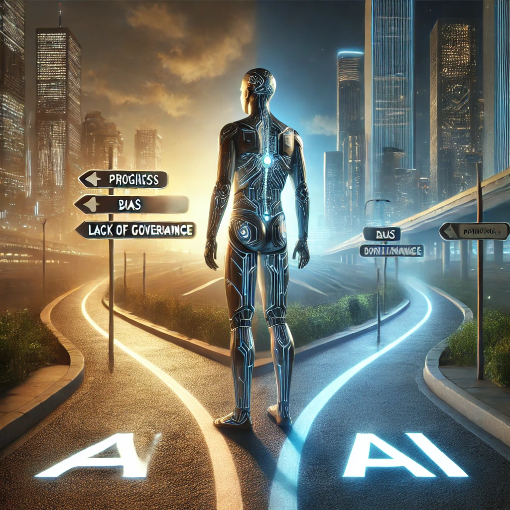 A conceptual, futuristic image of a humanoid AI figure standing at a crossroads, representing the ethical dilemmas faced in the age of AI.