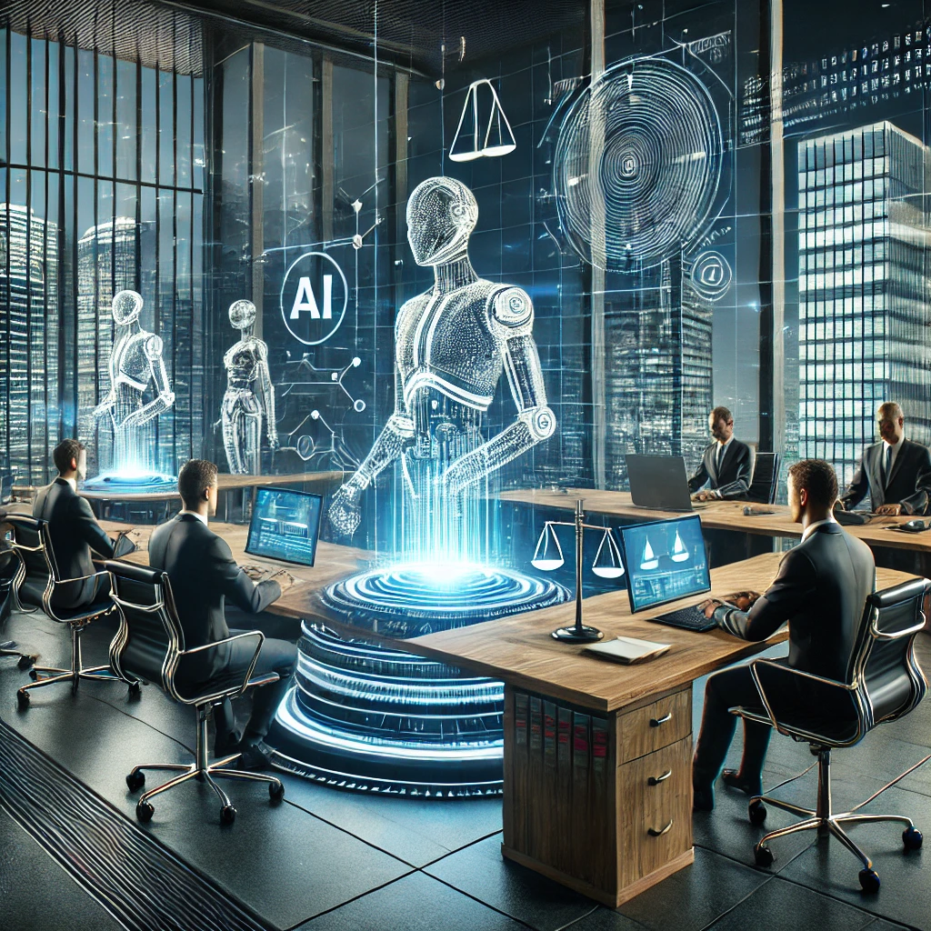 A dynamic, futuristic office setting where AI-powered machines and human workers collaborate harmoniously.