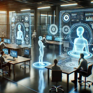 A boardroom scene where AI and human professionals work side by side.