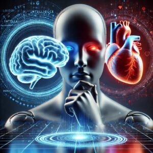  An AI figure contemplating a holographic image of a brain and a heart side by side, representing the debate between logic (intelligence) and emotion (morality). 