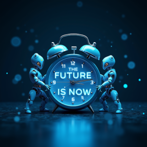 a symbolic visual of a digital alarm clock ringing, with the phrase “The Future is Now” glowing in the background. 