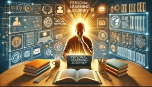 A-personal-learning-journey-visual-depicting-an-individual-working-at-a-desk-surrounded-by-digital-devices-and-books-symbolizing-self-driven-education.