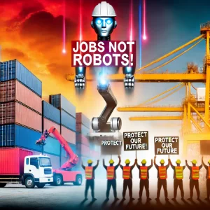 A-dynamic-image-depicting-a-labor-strike-scene-at-an-industrial-port-with-union-workers-holding-protest-signs-that-read-Jobs-Not-Robots.