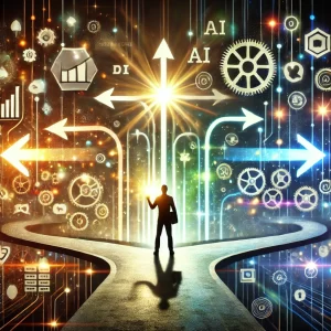 A-motivational-image-showing-a-figure-standing-at-a-digital-crossroads-holding-a-glowing-light-symbolizing-knowledge-with-paths-branching-off-in-multiple directions.