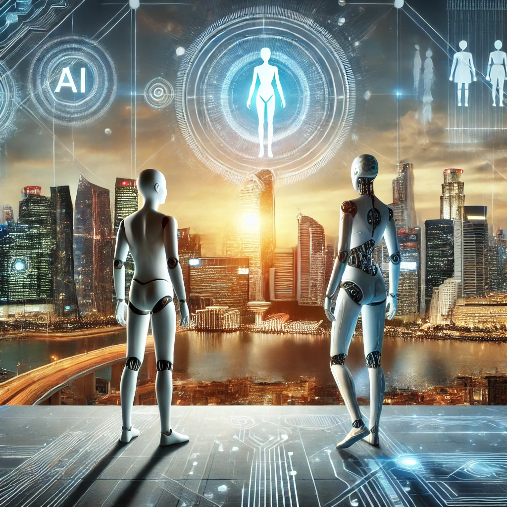 A conceptual scene of a human and a humanoid AI figure standing side by side at the edge of a futuristic city, looking toward a horizon filled with advanced technology and glowing symbols representing AI, robotics, and digital connectivity.