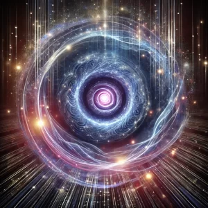 An abstract image depicting a glowing vortex or gateway symbolizing the Singularity, with layers of digital data streams spiraling into the center, representing the convergence of human and AI intelligence.