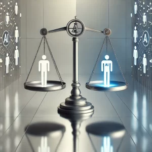 An image showing a “tipping scale” where one side represents human figures and the other side represents AI figures, symbolizing the balance and convergence between human and machine intelligence.