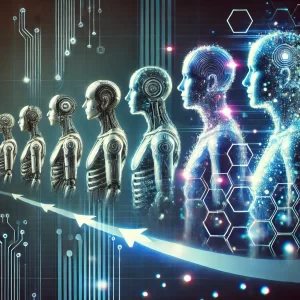 A-high-tech-and-futuristic-image-depicting-a-sequence-of-humanoid-AI-figures-evolving-with-each-figure-progressively-more-advanced-in-design-and-appearence.